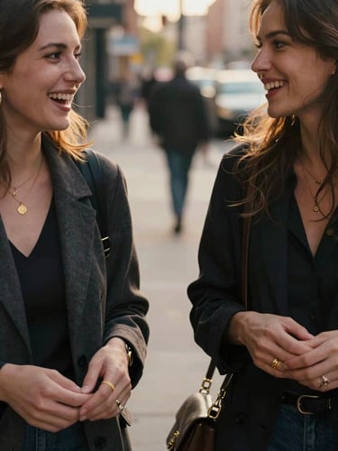 Close-up hands and faces, two women walking outside after a meeting, one laughing mid-sentence, the other listening closely, golden hour light from the right, city sidewalk blurred in background, warm natural tones, candid documentary framing