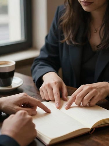 Close-up documentary shot of two women's hands resting on a table mid-conversation, one pointing at an open notebook, warm window light from the left, natural grain, blurred coffee cups in background