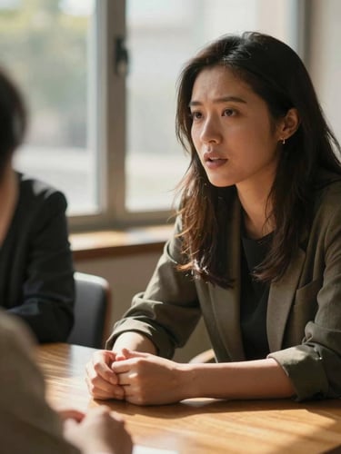 Close-up medium shot of two women mid-conversation at a wooden table near a large window, natural daylight falling across their hands and faces, one woman leaning slightly forward as she speaks, the other listening with quiet attention, warm golden tones in the background, real meeting room setting, documentary style