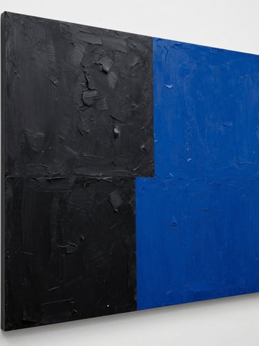 Dead-on orthogonal shot of a massive contemporary painting with high-contrast black and vivid ultramarine blue textured impasto paint on a heavy white canvas.