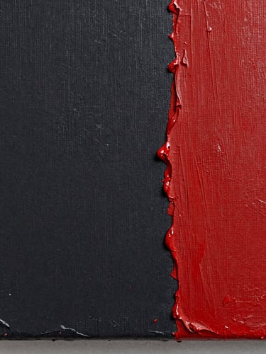 Dead-on orthogonal macro shot of a heavily textured mixed-media painting, thick impasto ridges of deep charcoal and vivid cadmium red pigment under neutral gallery lighting, visible canvas weave.