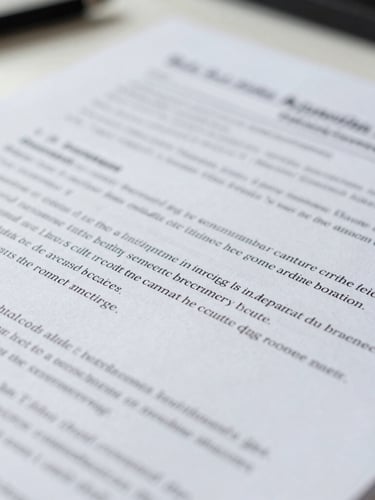 Macro close-up of structured legal documents on a clean white desk, cool natural daylight, sharp focus on printed text lines, sensitive data blurred.