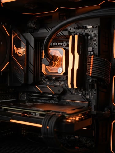 Macro shot of a pristine motherboard with glowing orange accents, clean cable routing, and liquid cooling tubes, shallow depth of field
