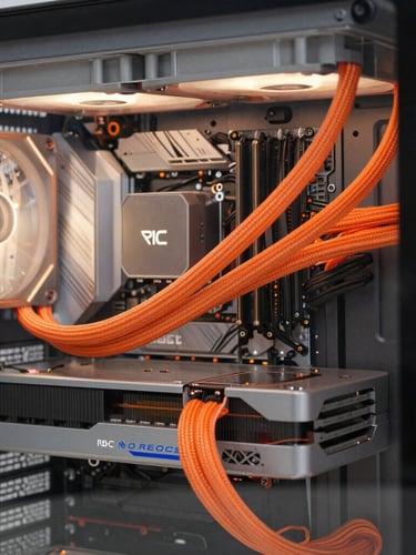 Profile view of a completed custom liquid-cooled PC, showing perfectly routed braided orange cables and clean glass panel, studio lighting.