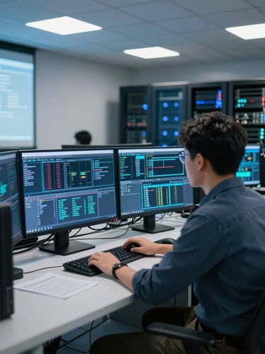 Cool editorial tech photography, a clean network operations center with real engineers analyzing data on screens, crisp blue and white LED lighting, sharp focus, 35mm