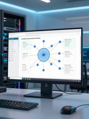 Cool editorial tech photography of a certified cloud architect analyzing complex network topology diagrams on a modern high-resolution display, crisp blue LED lighting, sharp focus, 35mm