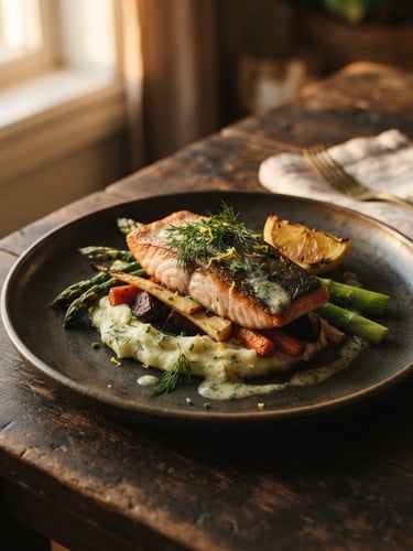 Close-up of a Scandinavian-style plated dish on a dark textured table, soft natural side-lighting, rich shadows, warm golden-hour tones, shallow depth of field