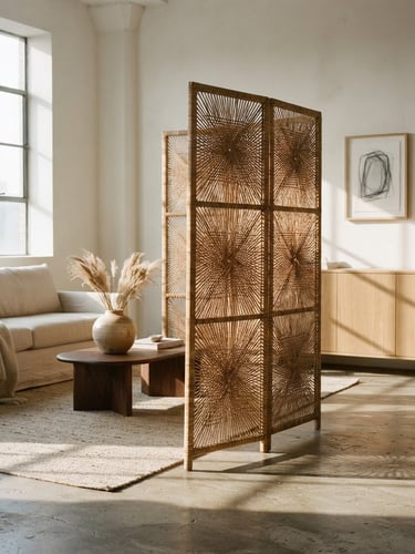 Architectural eye-level shot of a folding woven rattan screen filtering morning light, casting soft directional shadows across a minimalist living room, medium format film