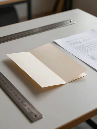Close-up of a flat studio work surface — a folded paper specimen, a metal rule, and a printed proof sheet arranged with deliberate spacing, lit by even overhead studio strobes, no hands, no warmth, tight editorial crop