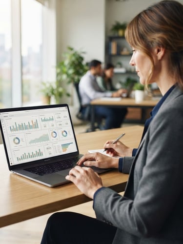 Over-the-shoulder shot of a professional analyzing a clean data dashboard on a laptop, bright natural window light, sharp focus, 35mm lens