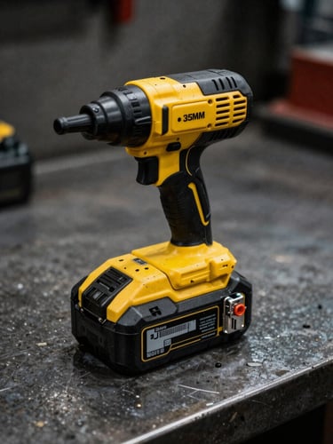 Close-up of a heavy-duty yellow and black power tool battery on a steel workbench, gritty industrial photography, hard dramatic side-lighting, high-contrast, 35mm