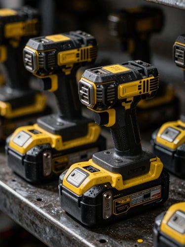 Gritty industrial photography of high-capacity power tool batteries stacked on a steel workbench, hard dramatic side-lighting, high-contrast black and yellow tones, sharp macro focus, 35mm