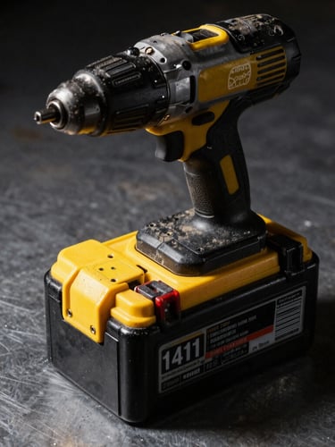Tight macro shot of a heavy-duty lithium-ion battery pack slotted into a dust-covered impact driver, hard industrial side-lighting, high-contrast steel background