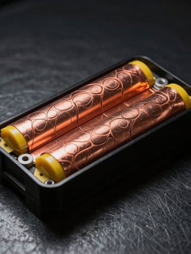 Technical cell engineering diagram of a lithium-ion battery pack, clean lines on dark steel background, highlighting copper heat sinks and impact-resistant polycarbonate casing, high-contrast lighting