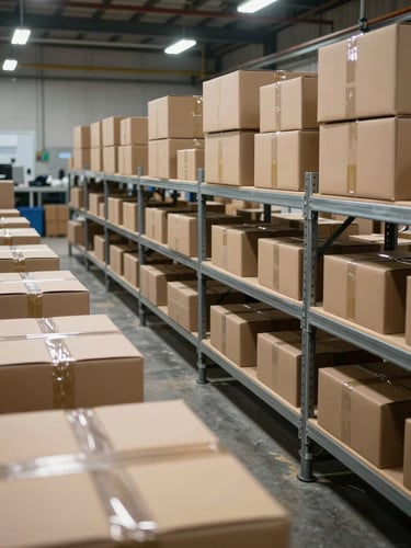 Wide shot of a well-organised packaging production floor, rows of flat-packed cardboard boxes and rolls of protective wrap on metal shelving, diffused overhead industrial lighting, honest factory environment, no people