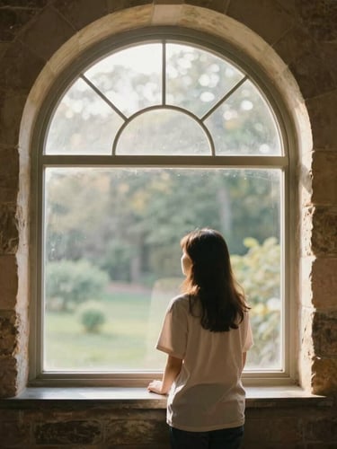 A thoughtful student looking out of a high arched window of a stone library, soft morning light, editorial 35mm, shallow depth of field