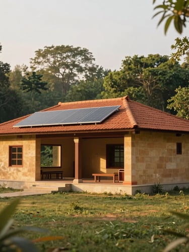A serene architectural rendering of a modern-traditional learning pavilion in Govardhan, warm sandstone walls, solar panels integrated into terracotta roofs, golden hour light, lush green surroundings, 35mm