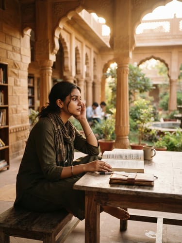 A student in deep contemplation sitting in a modern-traditional library courtyard in Govardhan, warm golden-hour sunlight filtering through stone arches, editorial 35mm photography