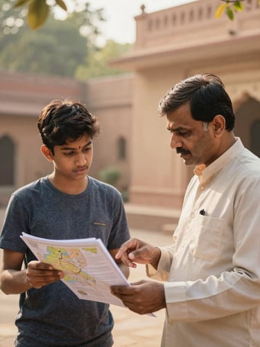 An editorial portrait of an Indian student and an international mentor discussing a map and documents in a sunlit courtyard, soft focus, warm sandstone background