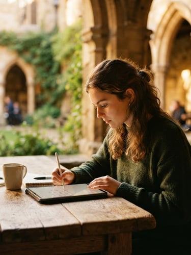 A close-up editorial shot of a student in deep focus, warm golden-hour light filtering through traditional stone arches, modern tablet on a rustic wooden table, 35mm.