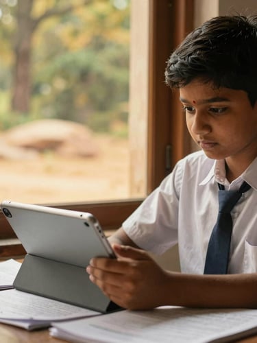 A medium close-up of an Indian high school student in deep focus, working with a modern tablet next to traditional texts, warm golden daylight streaming through a wooden window frame, rich forest and sandstone tones, shallow depth of field.