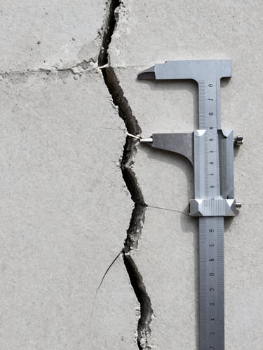Macro close-up under neutral high-clarity daylight of a structural crack in a light grey concrete wall, with a metal crack width gauge ruler placed next to it for precise measurement.