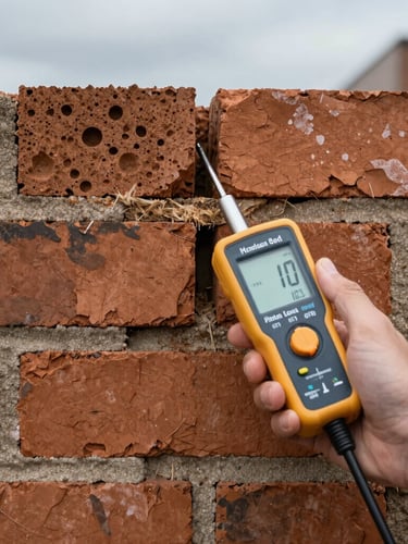 Straight-on orthographic close-up of solid brickwork under cool overcast daylight, a professional digital moisture meter probe held against the mortar joint, showing technical precision.