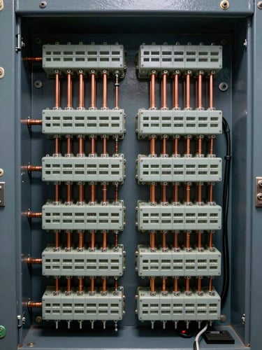 Close-up interior of a finished industrial control panel, dense relay banks and terminal strips under even studio strobe light, copper bus bars and cable ferules in sharp focus, deep blue-grey housing visible at edges