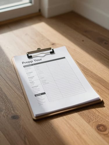 Close overhead shot of a property manager's clipboard with an inspection checklist resting on a hardwood floor inside a vacant unit, natural daylight from a window casting a soft shadow, no people