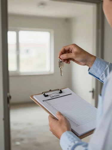 Close-up of a property manager's hands holding a key ring and a clipboard with an inspection checklist, standing in the doorway of a vacant rental unit, natural morning light from the interior window, documentary framing