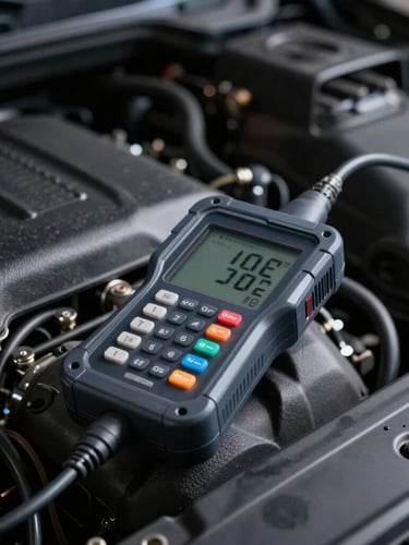 Macro shot of a clean digital diagnostic scanner connected to a modern engine bay, high-contrast dramatic workshop lighting, deep charcoal and metallic tones, sharp macro lens, 35mm