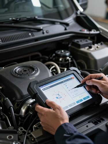 Close-up of a commercial delivery van engine bay under high-contrast workshop lighting, mechanics hands using a digital diagnostic tablet, sharp focus, 35mm