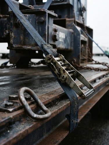 Macro shot of heavy-duty cargo tie-downs securing industrial equipment on a flatbed truck, cool overcast daylight, sharp focus, deep navy and steel tones.