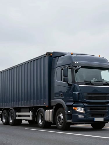 Wide shot of a modern, dark-colored logistics truck driving on a highway under cool overcast daylight, low angle, sharp industrial photography, deep navy and steel tones, crisp details, 35mm lens