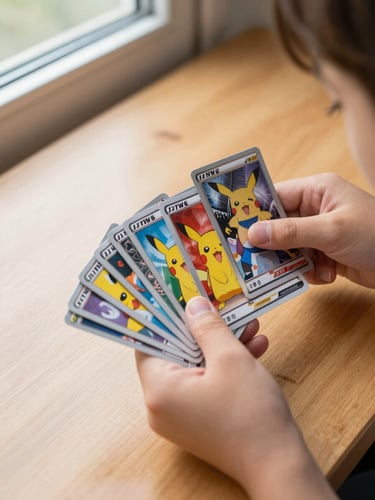 Close-up of a child's hands holding a fan of Pokémon cards over a wooden table, cards face-up and being sorted, honest daylight from a side window, sharp detail on the card artwork, no faces visible