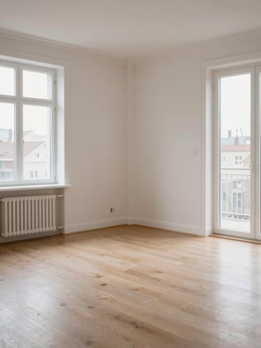 Wide portrait framing of a clean, bright Swedish apartment living room after move-out cleaning — bare walls, scrubbed skirting boards, spotless floor under neutral daylight from large windows, no furniture, no staging