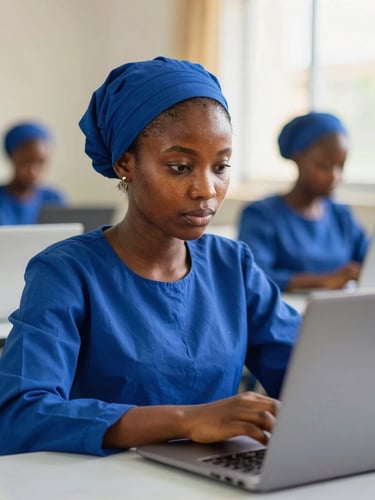 A focused Nigerian female student in a modern technology training lab, working on a laptop, soft natural window light reflecting on her face, royal blue accents, shallow depth of field, professional editorial photography