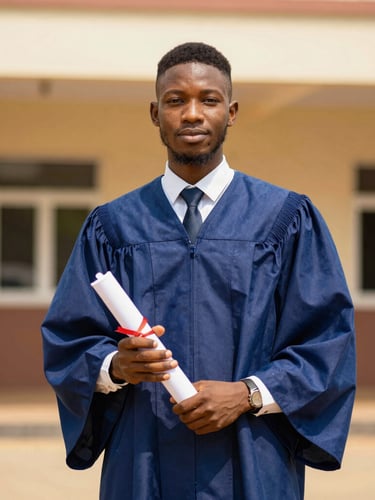 A proud Nigerian student in a formal dark blue graduation gown holding a diploma, bright natural daylight, warm gold tones, shallow depth of field, 35mm