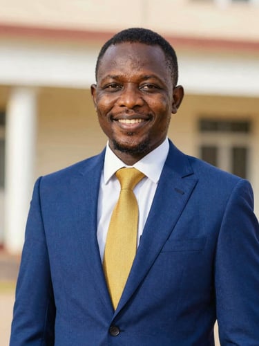 A formal editorial portrait of a distinguished Nigerian student leader in a professional suit, smiling confidently, warm studio lighting, 35mm