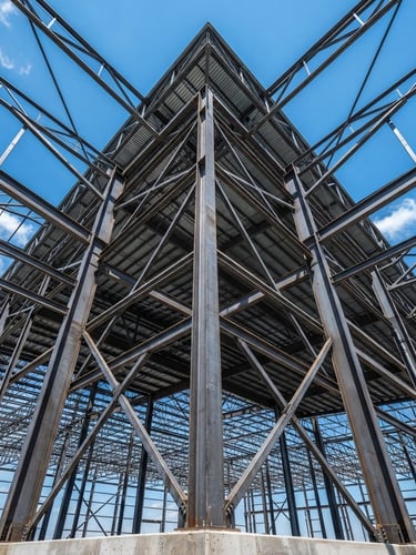 Low-angle hero shot of massive structural steel framing for an industrial warehouse under bright daylight, high contrast structural details, blue sky