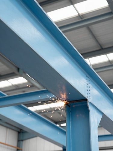 Close-up of industrial welding on a massive structural steel beam inside a fabrication workshop, sparks flying, bright daylight illuminating the metal textures