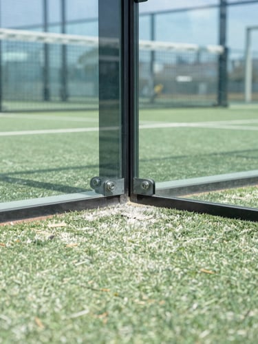 Close-up macro photograph of professional textured green padel turf transitioning to a heavy-duty steel structural joint holding a thick tempered glass wall, bright natural daylight.