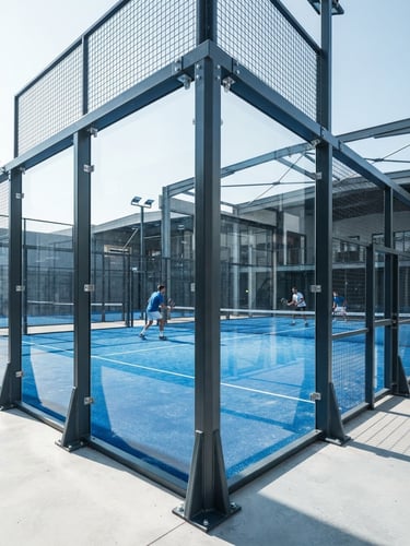 Sharp architectural photo of a professional padel court with thick glass walls and steel framing, bright natural daylight, high contrast, blueprint blue tones.