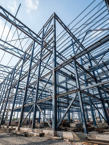 Low-angle architectural shot of industrial steel warehouse framing mid-construction, bright natural daylight, clean blueprint-blue tones, high-contrast structural details