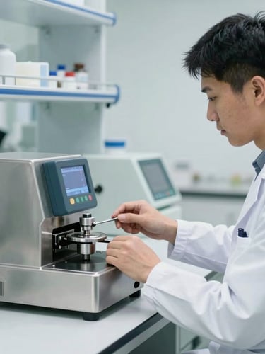 Sharp, straight-on medium shot of a laboratory technician in a white coat calibrating a digital viscometer, stainless steel testing equipment, cool-toned laboratory lighting