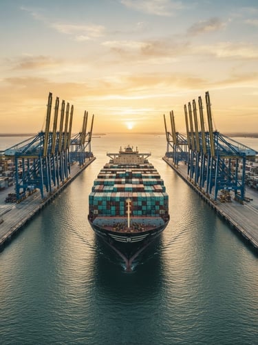 Wide-angle, heroic view of a massive container ship entering a modern port at golden hour, low sun, geometric symmetry, desaturated emerald and warm sand tones.