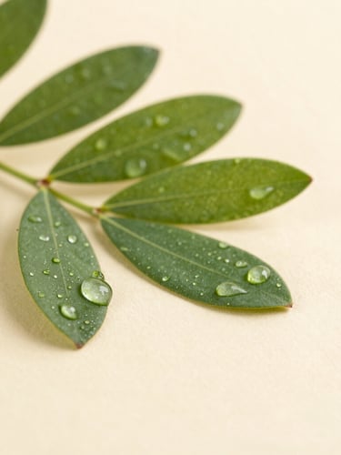 Macro photograph of clean green botanical leaves with morning dew drops, soft high-end studio lighting, neutral sand background, shallow depth of field