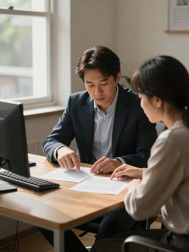Medium shot from the left side of a small office table, a financial advisor pointing at a printed document while a client leans in to read, natural daylight streaming from a wide window on the left, warm and ordered workspace, authentic and documentary in feel