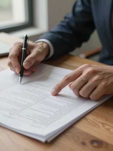 Close-up of two hands on a wooden desk reviewing printed financial documents — a finger pointing at a line item, natural window light from the left, a pen resting nearby, calm and methodical atmosphere