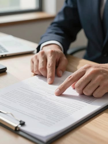 Close-up of a financial advisor's hands pointing at a printed document on a desk, natural daylight from a window illuminating the paperwork, organized workspace visible in the soft background